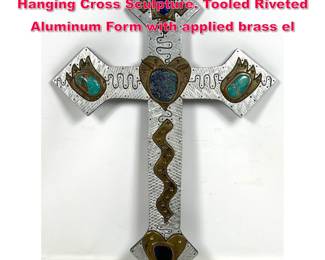 Lot 66 TOM WHEELER Mixed Medium Hanging Cross Sculpture. Tooled Riveted Aluminum Form with applied brass el
