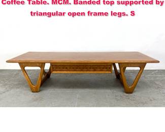 Lot 260 LANE American Modern Walnut Coffee Table. MCM. Banded top supported by triangular open frame legs. S