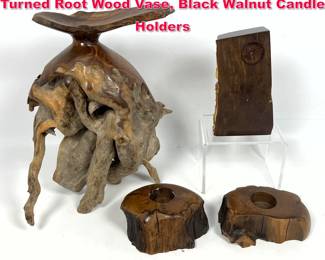 Lot 445 4pcs Studio Wood. Wood Artisan Turned Root Wood Vase, Black Walnut Candle Holders