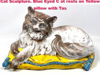 Lot 27 Vintage Italian Glazed Pottery Figural Cat Sculpture. Blue Eyed C at rests on Yellow pillow with Tas