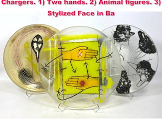 Lot 21 3pc Artisan Studio Art Glass Large Chargers. 1 Two hands. 2 Animal figures. 3 Stylized Face in Ba