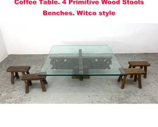 Lot 223 Primitive Carved Wood Glass Top Coffee Table. 4 Primitive Wood Stools Benches. Witco style