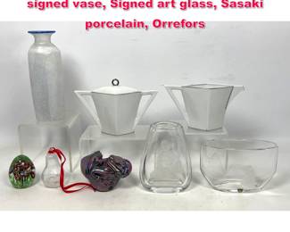 Lot 60 Mid Century Modern Lot. Rostrand signed vase, Signed art glass, Sasaki porcelain, Orrefors