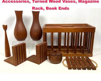 Lot 570 8pcs Mid Century Modern Teak Accessories, Turned Wood Vases, Magazine Rack, Book Ends