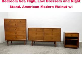 Lot 185 3pc DECLARATION by DREXEL Bedroom Set. High, Low Dressers and Night Stand. American Modern Walnut wi