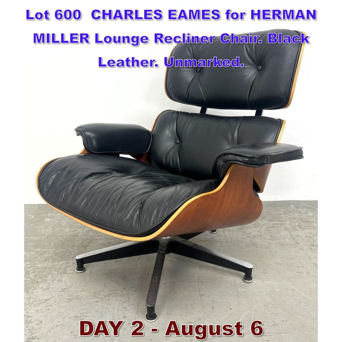 Lot 600 CHARLES EAMES for HERMAN MILLER Lounge Recliner Chair. Black Leather. Unmarked.