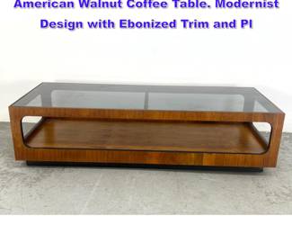 Lot 1128 LANE style Smoked Glass Top American Walnut Coffee Table. Modernist Design with Ebonized Trim and Pl