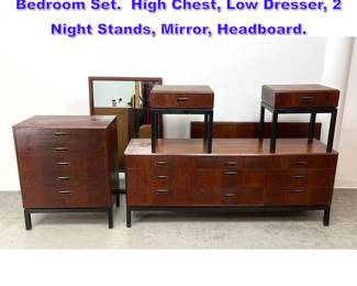 Lot 908 Founders American Modern Bedroom Set. High Chest, Low Dresser, 2 Night Stands, Mirror, Headboard. 