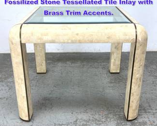 Lot 601 Maitland Smith style Dining Table. Fossilized Stone Tessellated Tile Inlay with Brass Trim Accents. 