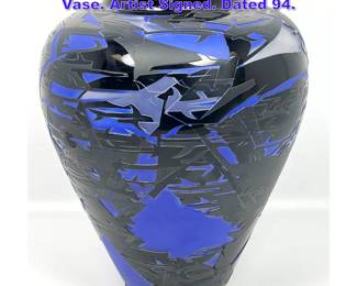 Lot 678 Studio Carved Cameo Art Glass Vase. Artist Signed. Dated 94.