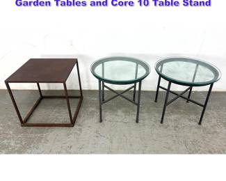 Lot 722 3pcs. Pair Iron frame Glass Top Side Garden Tables and Core 10 Table Stand