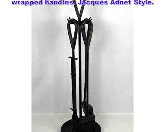 Lot 919 Iron Fireplace Tools Set. Leather wrapped handles. Jacques Adnet Style.