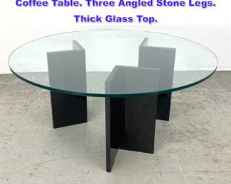 Lot 641 Black Granite Glass Top Modern Coffee Table. Three Angled Stone Legs. Thick Glass Top. 