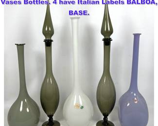 Lot 650 Collection of 5 MCM Colored Glass Vases Bottles. 4 have Italian Labels BALBOA, BASE.