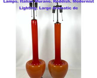 Lot 930 Pr Long Necked Art Glass Table Lamps. Italian Murano. Reddish. Modernist Lighting. Large dramatic de