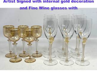 Lot 1181 14 pcs Fine Stemware Glasses. Artist Signed with internal gold decoration and Fine Wine glasses with