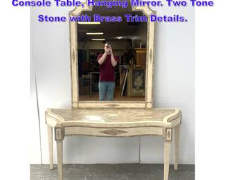 Lot 997 2pc Travertine Tesserae Tile Console Table, Hanging Mirror. Two Tone Stone with Brass Trim Details. 