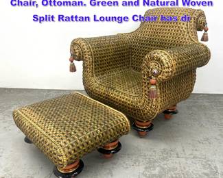 Lot 938 2pc MacKENZIE CHILDS Rattan Chair, Ottoman. Green and Natural Woven Split Rattan Lounge Chair has dr