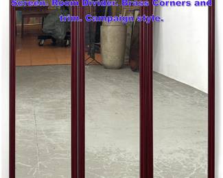 Lot 983 3 Panel Wood Framed Mirror Folding Screen. Room Divider. Brass Corners and trim. Campaign style.