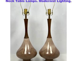 Lot 1037 Pr MCM Glazed Pottery Walnut Neck Table Lamps. Modernist Lighting. 