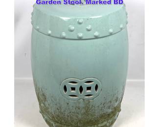 Lot 1068 BD Pale Aqua Glazed Ceramic Garden Stool. Marked BD