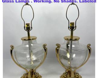 Lot 1080 Pair Chapman Brass and Blown Glass Lamps . Working. No Shades. Labeled