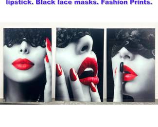 Lot 890 3pc Portraits. Bold vivid red lipstick. Black lace masks. Fashion Prints. 