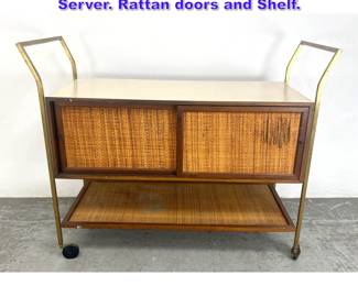 Lot 1035 Mid Century Modern Bar Cart Server. Rattan doors and Shelf. 