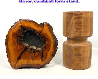 Lot 851 2pcs Wood Objects. Miniature Mirror, dumbbell form stand. 