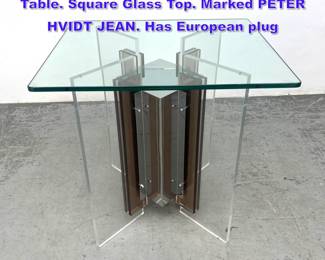 Lot 955 Modernist Chrome, Glass Light Up Table. Square Glass Top. Marked PETER HVIDT JEAN. Has European plug