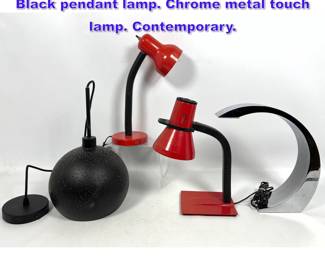 Lot 1194 4pc lighting lot. 2 red desk lamps. Black pendant lamp. Chrome metal touch lamp. Contemporary.