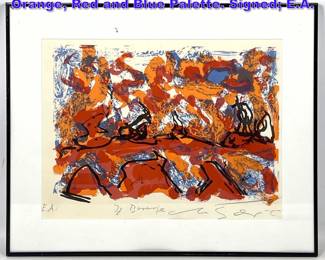 Lot 763 Signed Abstract Modernist Print. Orange, Red and Blue Palette. Signed E.A. 