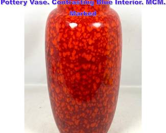 Lot 876 West German Red Mottled Glazed Pottery Vase. Contrasting Blue Interior. MCM. Marked