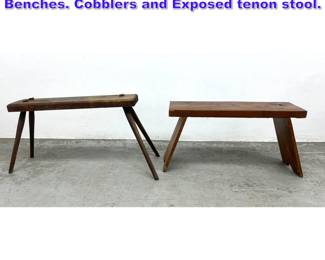Lot 1122 2pcs Rustic Primitive Table Benches. Cobblers and Exposed tenon stool. 