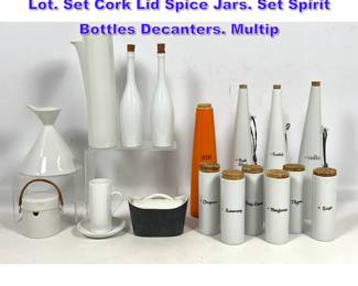 Lot 1191 Large White Porcelain Kitchenware Lot. Set Cork Lid Spice Jars. Set Spirit Bottles Decanters. Multip