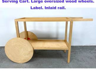Lot 1029 IKEA Trendig Blond Wood Rolling Serving Cart. Large oversized wood wheels. Label. Inlaid rail.