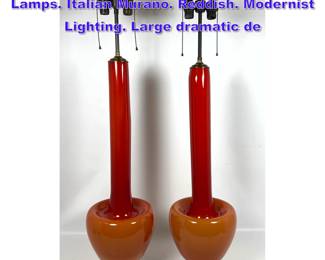 Lot 711 Pr Long Necked Art Glass Table Lamps. Italian Murano. Reddish. Modernist Lighting. Large dramatic de