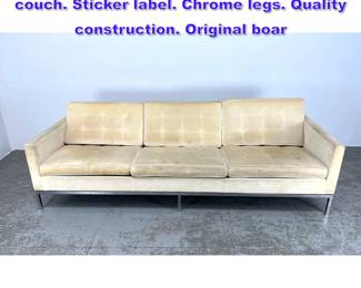 Lot 962 Florence Knoll for KNOLL Sofa couch. Sticker label. Chrome legs. Quality construction. Original boar