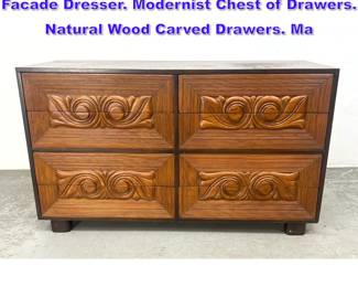 Lot 1134 ROCKFORD NATIONAL Carved Facade Dresser. Modernist Chest of Drawers. Natural Wood Carved Drawers. Ma