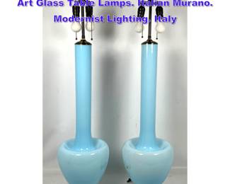 Lot 932 Pr Large Dramatic Long Necked Blue Art Glass Table Lamps. Italian Murano. Modernist Lighting. Italy 