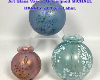 Lot 603 3pc English Studio ISLE of WIGHT Art Glass Vases. One signed MICHAEL HARRIS. All have Label. 
