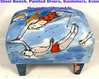 Lot 905 Artist Painted Fabric and Wood Foot Stool Bench. Painted Divers, Swimmers. Even the underside and fe