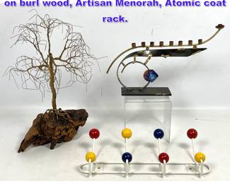 Lot 1195 Mid Century Modern Lot. Wire tree on burl wood, Artisan Menorah, Atomic coat rack. 