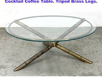 Lot 620 Brass Faux Bamboo Glass Top Cocktail Coffee Table. Tripod Brass Legs. 