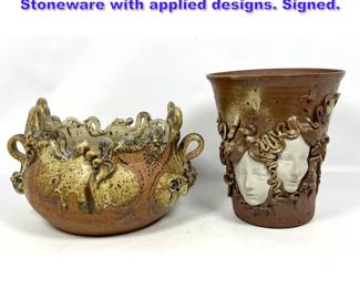 Lot 713 2pcs Artisan Studio Pottery Vases. Stoneware with applied designs. Signed. 