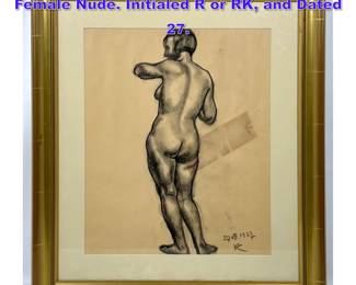 Lot 891 1927 Charcoal Pencil Drawing of Female Nude. Initialed R or RK, and Dated 27.