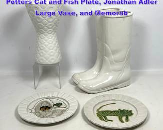 Lot 1185 4pc Lot. David Gil for Bennington Potters Cat and Fish Plate, Jonathan Adler Large Vase, and Memorab