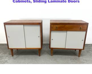 Lot 1118 2pcs Mid Century Modern Walnut Cabinets, Sliding Laminate Doors