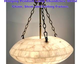 Lot 777 Alabaster Flying Saucer form Hanging Pendant Lamp Chandelier. Metal Chain, Stem and Ceiling Fixture.