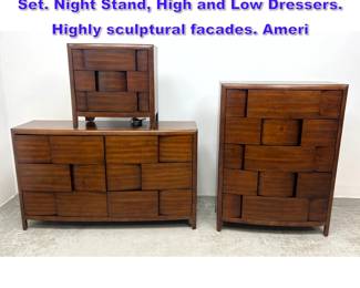 Lot 1070 3pc MAGNUSSEN HOME Bedroom Set. Night Stand, High and Low Dressers. Highly sculptural facades. Ameri